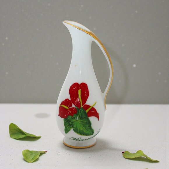 Violetta's Art Other - Miniature Violettas Art Hawaii Ceramic Vase Red Floral Design & Gold Accent Trim